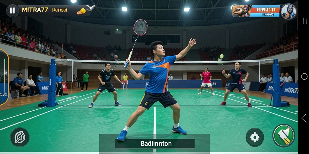 Antarmuka permainan badminton yang menarik dan interaktif.