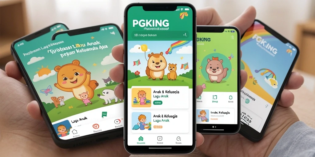 Antarmuka aplikasi PGKING yang cerah dan penuh warna untuk anak-anak.
